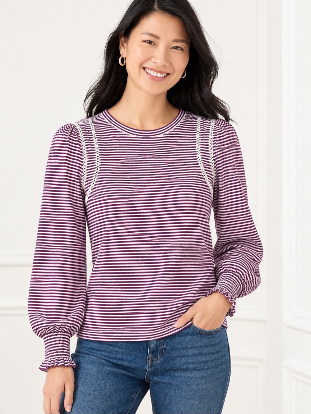 Talbots Stripe T Shirt Large Petite LP Crewneck Long Sleeve Smocked Cuff Purple